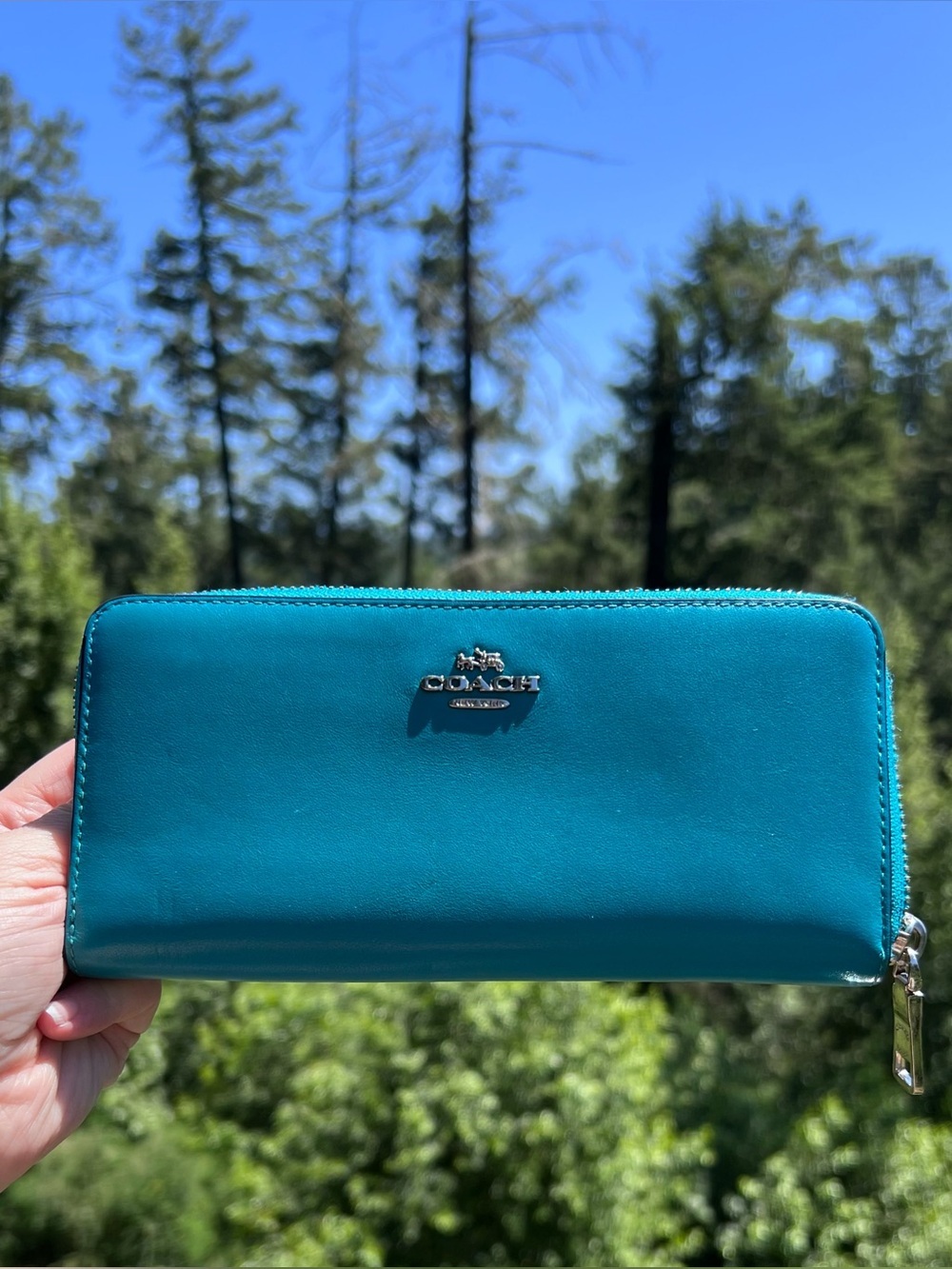 COACH Long Zip-Around Teal Smooth Leather Wallet with Silver Hardware AUTHENTIC